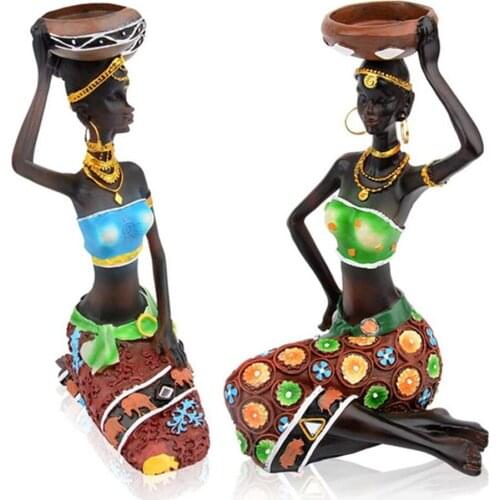 2Pc African Woman Resin Sculpture Minimalist Figurine Desktop Decor Painted 8.5" Candlestick Statue Candleholder For Dining Room