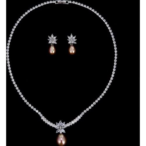 CZ Cubic Zirconia Pearls Bridal Wedding Leaves Necklace Earring Set Jewelry Sets for Women Prom Jewelry Accessories CN10266