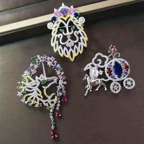 Cute Colorful Zircon Lion Unicorn Brooch Paved AAA Zircon Stone Pumpkin Horse Car Brooch Pin Women Wedding Party Jewelry