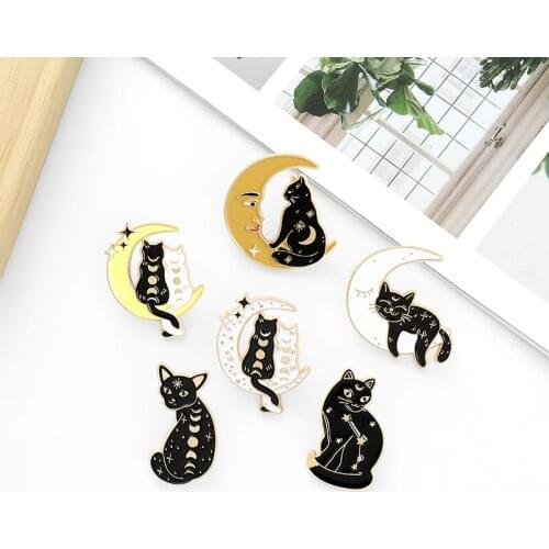 Cartoon Black Cat Brooches Enamel Pin Cute Moon Cat Brooches For Women Bags Lapel Clothes Pins Craft Badges Jewelry Gifts Friend
