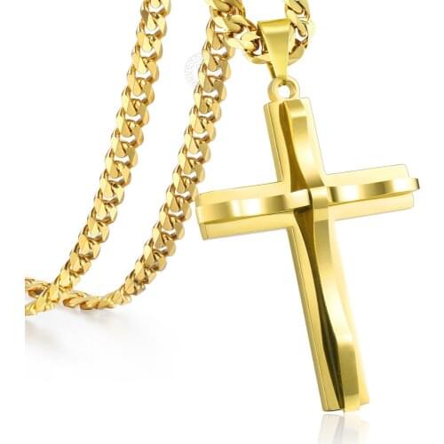 Davieslee Mens Chain Curved Cross Pendant Necklace Stainless Steel Curb Cuban Link Black Gold Silver Color 18-36inch LKPM137