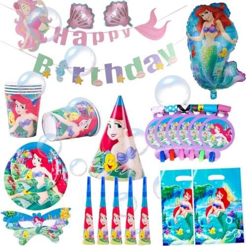Disney Mermaid Party Decoration Kids Birthday Party 1st Birthday Disposable Tableware Set Mermaid Plate Cup Napkins Supplies