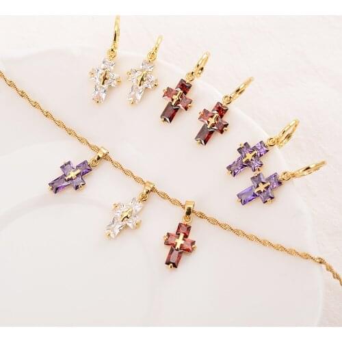 Edge piping 24 k Fine Gold GF CZ Stone Cross Plump Lovable Pendant chain Earrings set Christian Jewel sets women girl Best Jesus