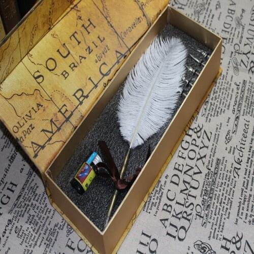 New Natural Ostrich Feather Dip Pen Set