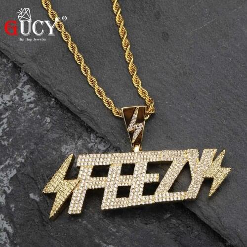 GUCY Solid Back FEEZY Letters Pendant Necklace All Iced Out Cubic Zircon Chain Necklaces Gold Color Mens Hip Hop Jewelry