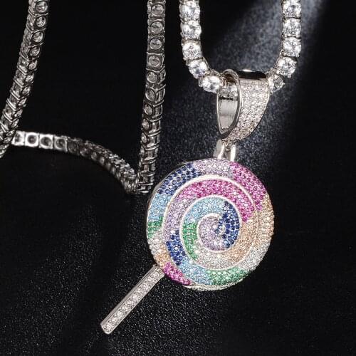 Iced Out Colorful Color Lollipop Pendant & Necklace AAA+ Bling CZ Stone Candy Pendant Hip Hop Charm Chains Jewelry Gifts