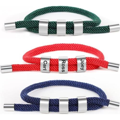 Personalized Rainbow Color Adjustable Polyester Bracelet Custom Lovers Family Name Stainless Steel Beads Jewelry Gift