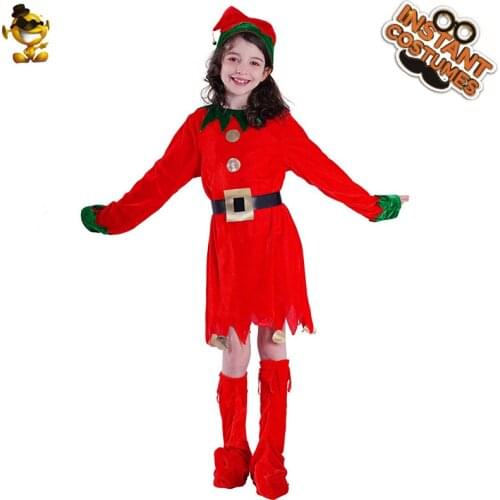 Girls EIf Dresses Kid Santa Claus Costume for Christmas Party Red Long Dress Carnival Clothing Fancy Dress Up for Child