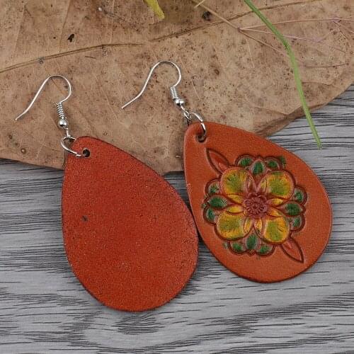 Genuine Leather Earring Carving Flower Retro Teardrop Drop Dangle Earrings for Women Party Jewelry Accessories