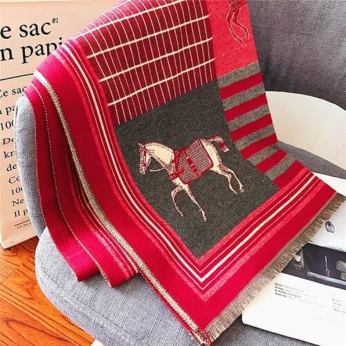 185cm Luxury Brand Design Horse Plaid 2020 Carriage Scarf Wraps Women Large Shawl Scarves Cashmere Warm Thicken Double-deck