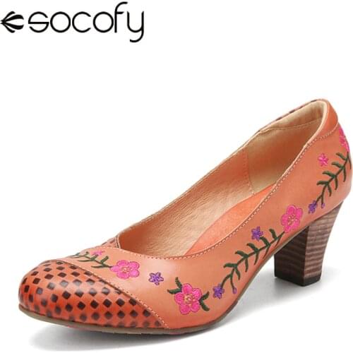 SOCOFY Women Elegant Retro Style Pumps Handmade Flowers Embroidered Comfy Cowhide Leather Slip On Casual Chunky Heel Pumps