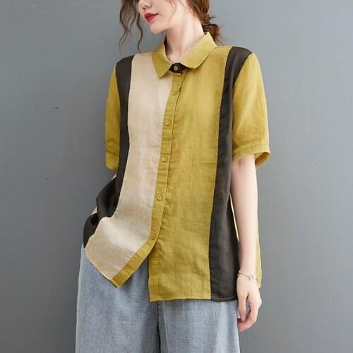 Women Cotton Linen Casual Shirts New Arrival 2021 Summer Vintage Style Patchwork Color Loose Female Short Sleeve Tops B704