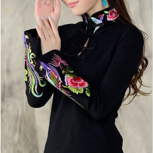 Chinese style women 's autumn and winter embroidery bottoming shirt national wind T shirt female long - sleeved shirt