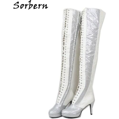 Sorbern Blingbling Glitter Kinky Boots Block Heels Platform Winter Style Long Crotch Thigh High Boots Plush Linning Custom Wide