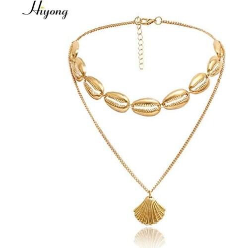 HIYONG Bohemian Gold Shell Necklace Choker Cowrie Hawaiian Beach Sea Shell Tassel Double Layer Shell Gold Chain For Women Gift