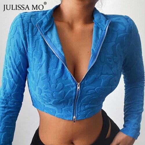 JULISSA MO Fashion Long Sleeve Zipper Crop Tops 2021 Autumn Women Solid Slim Basic O-neck T-shirt Female Casual Tops Streetwear