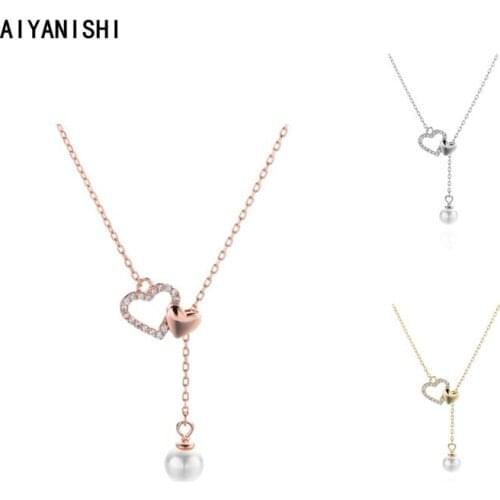 AIYANISHI 925 Sterling Silver Blue Heart Shell Pearl Pendant Necklace Women Engagement Natural Pearl Drop Pendant Necklace Gifts