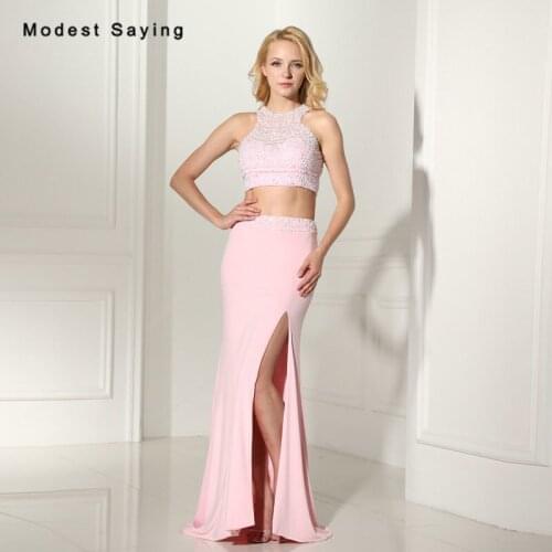 Sexy Backless Mermaid Pink Crop Top Prom Dresses 2017 with Ivory Pearls Formal Women Long Birthday Party Gowns vestido de festa