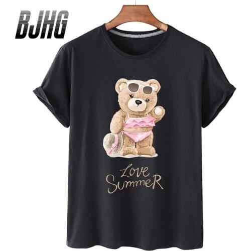 100% Cotton Sweet Swimsuit Bear Print Top Short-sleeved T-shirt Female Half-sleeved Summer Casual Oversized T-shirt Male Shirt