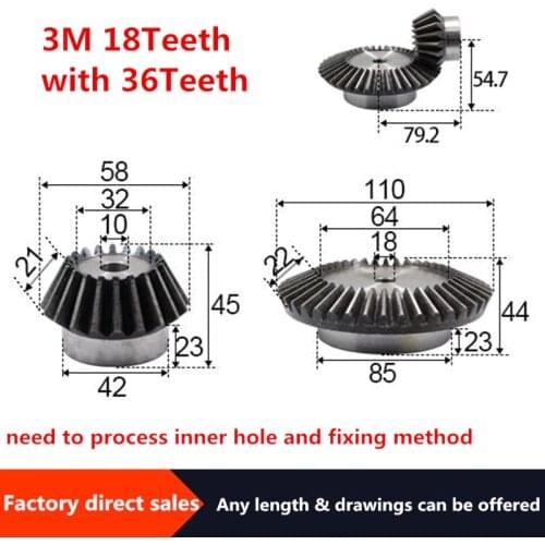 2pcs 1:2 Bevel Gear 3 Modulus 18Teeth +36teeth innerHole 18mm steel 90 Degree Drive Commutation Steel Gears Steel Gears Screw M5