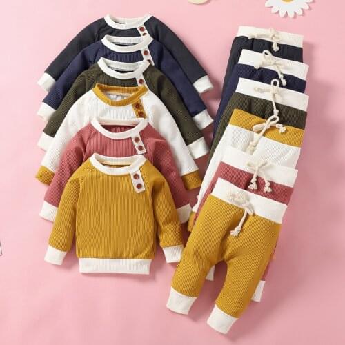 0-24M Autumn Causal Baby Boys Girls Clothes Sets 6 Colors Solid Long Sleeve Pullover Tops Pants 2PCS