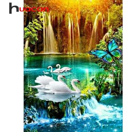Huacan Diamond Painting Waterfall 5D DIY Diamond Embroidery Mosaic Landscape Swan Picture Of Rhinestones Home Wall Decor