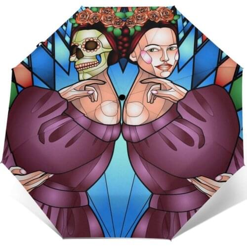 Automatic Umbrella Rain Three-folding Day Of The Dead Stained Glass Skull Of Mexican Woman Windproof Umbrella Waterproof parasol