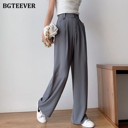 BGTEEVER Spring Summer Loose Female Wide Leg Trousers 2021 Causal Elastic High Waist Women Suit Pants Ladies Solid Pantalon