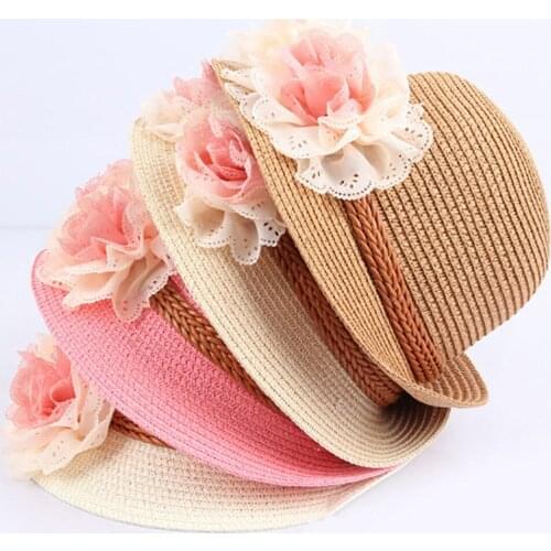 Children Flower Dome Casual Straw Hat Baby Girls Beach Hats Baby Beach Hats Kids Sun Hats Beach Caps For 2-7 Years Babies Gift