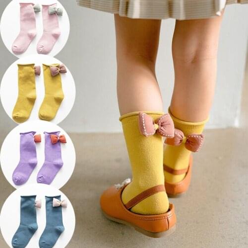 Children Socks Baby Girls Socks With Bows Knee High Princess Socks For Girl Cute Baby Cotton Sock Long Candy Color