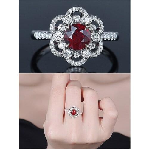 Fashion chic flower red crystal ruby gemstones diamonds rings for women white gold silver color bague jewelry bijoux party gifts
