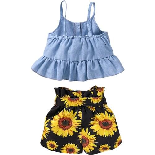 2Pcs Summer Outfit Suit Fashion Kid Baby Girl Clothing Blue Denim Color Top Sleeveless Camisole Sunflower Printed Short Pants