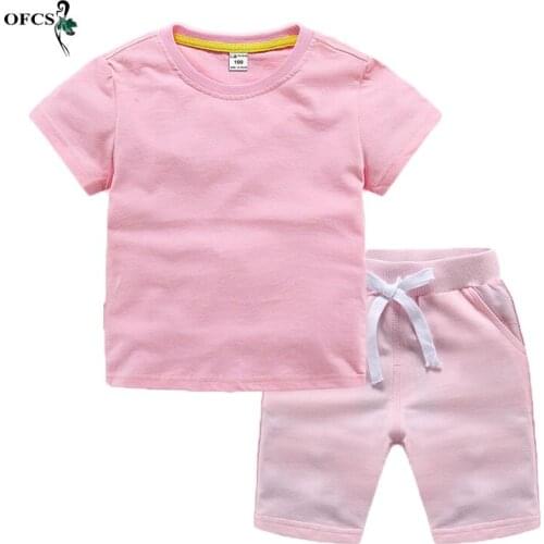 Hot Summer Children Suit New Boys/Girl Unisex Short Sleeved T Shirt + Beach Pant Cotton Teenagers Sport Suit 2-12 Years Clothing