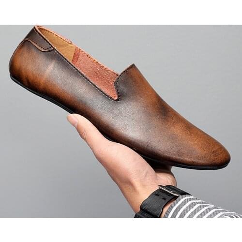 Men Leather Flats Shoes Comfortable Fashion Man Casual Shoes Slip on Male Outdoor Walking Shoes Split Leather Driving Shoes