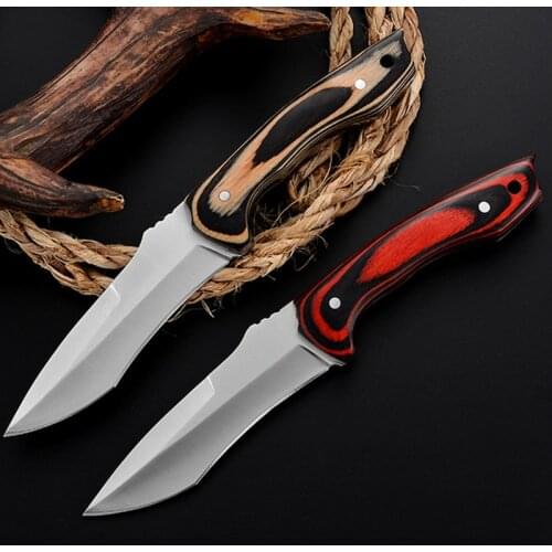 Mengoing Hunting Survival Fixed Blade Knife Wooden Handle Multi Rescue Knives with Nylon Sheath