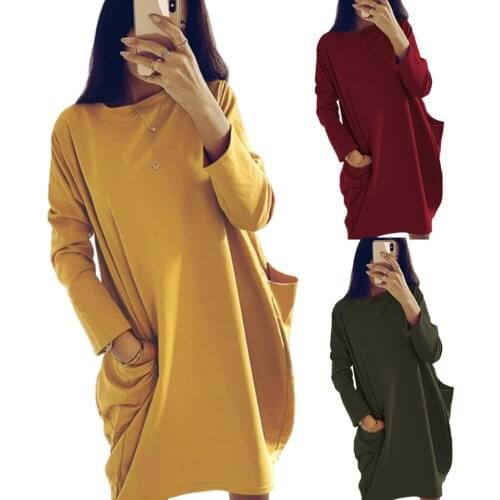Oversized Dress Women Korean Fashion Style Sukienka Solid Color Sweatshirt Dress With Big Pocket Xl Round Neck Casual Dress 2020