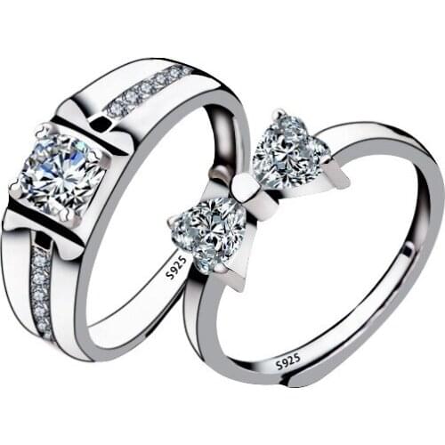 UFOORO S925 Sterling Silver Heart-shaped Clear Zircon Fashion Wedding Ring Lover Gift Jewelry Bow Couple Adjustable Ring