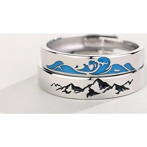 Fashionable Men And Women Plated Platinum Ink Drop Glue Mountain sea Personality Adjustable Mountain Alliance Couple Ring