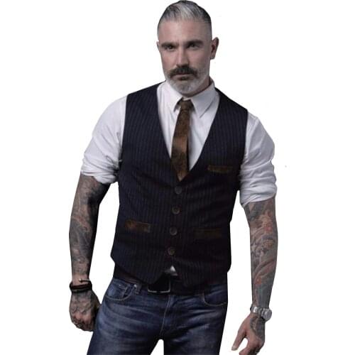Mens Black Striped Suit V-neck Casual Slim Vest Mens Business and Wedding Vest