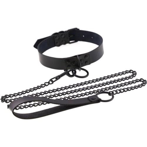 New Sexy Rivet Women Man Dark Black Punk Gothic Alternative Slave PU Leather Traction Rope Chain Bondage Necklace Jewelry