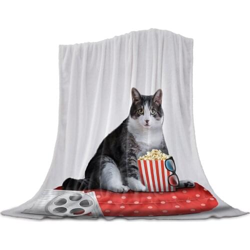Funny Cat Popcorn Cinema Throw Blanket for Sofa Christmas Decoration Bedspread Portable Microfiber Flannel Blanket