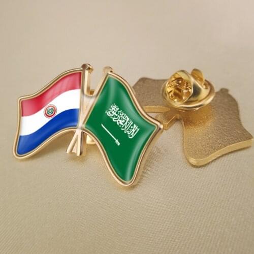 Paraguay and Saudi Arabia Crossed Double Friendship Flags Lapel Pins Brooch Badges