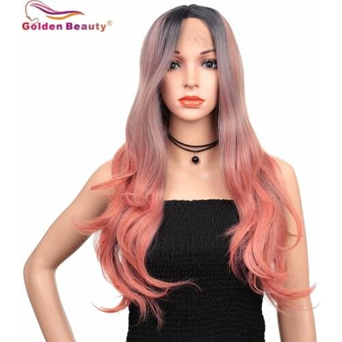 Synthetic Hair Wig Lace Front Wigs For Women Long Nature Wave Wig Heat Resistant Ombre Black Pink Cosplay Wig Golden Beauty