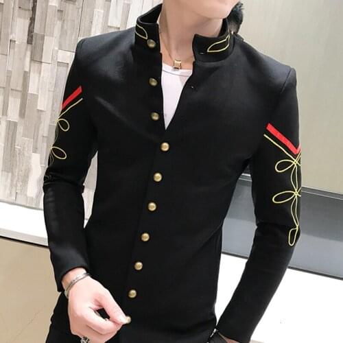 Gold 5 Color Button Chinese Collar Blazers Jacket Slim Fit Mens Blazer Pattern Army Pilot Jacket Men Black Blue Red White Blazer