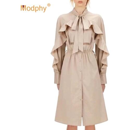 High Quality Elegant Women Dresses Long Sleeve Ruffled High Waist Bow A Line Midi Dress 2020 Autumn Fashion New Women Clothing