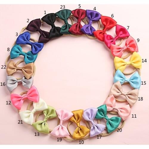 48pc/lot Brand New 4” Solid Hair Bow Headband,Hair Bow Nylon Headbands,Kids Satin Ribbon Bows Nylon Baby Headband Girls Headwear
