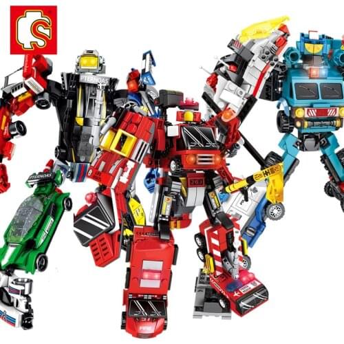 SEMBO Steel Mecha Deformation Robot Building Blocks 6 IN 1 Engineering Crane Racing Car Transformation Model DIY Bricks Toys Boy