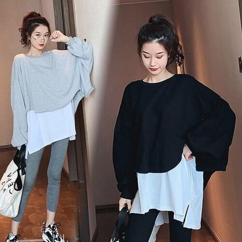 033# Spring Autumn Chic Ins Maternity Tees Large Size Loose Shirts Clothes for Pregnant Women Casual Patchwork Pregnancy Tops
