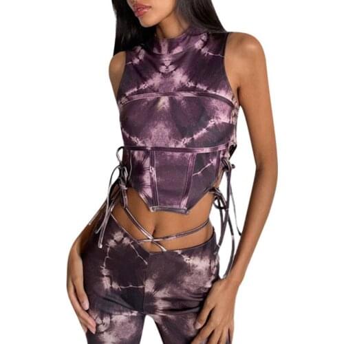 Women Summer Outfits, Tie Dyed High Collar Sleeveless Lace Up Crop Tops with Side Lacing Hem for Girls 2021