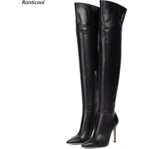 Ronticool Handmade Women Spring Thigh Boots Side Zipper Stiletto Heel Pointed Toe Elegant Black Night Club Shoes Us Size 5-16